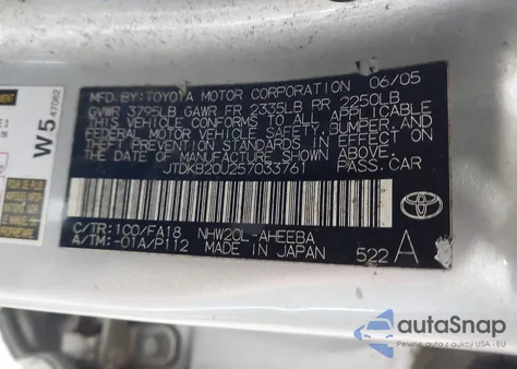 2005 Toyota Prius z USA, uszkodzony, nr VIN JTDKB20U257033761